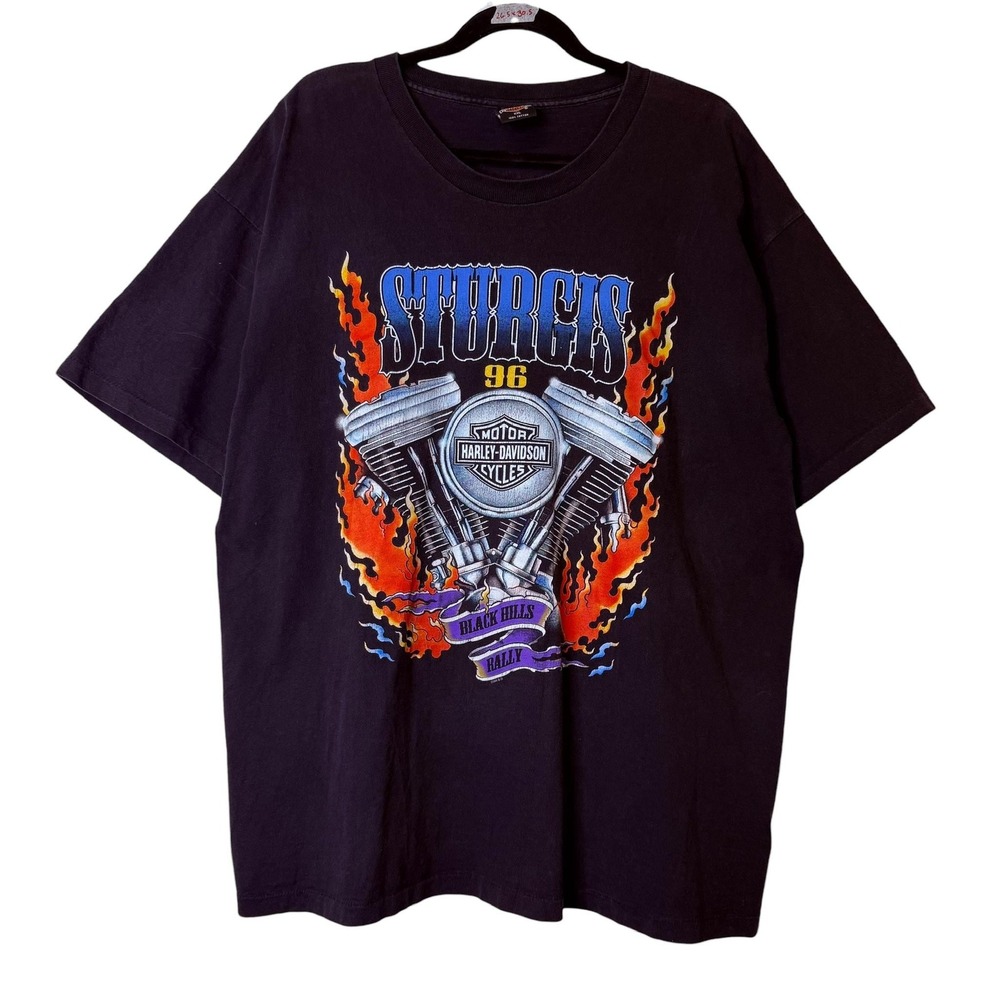 Vintage 1996 Sturgis Harley Davidson Black Hills Rally T-Shirt Flames Motorcycle